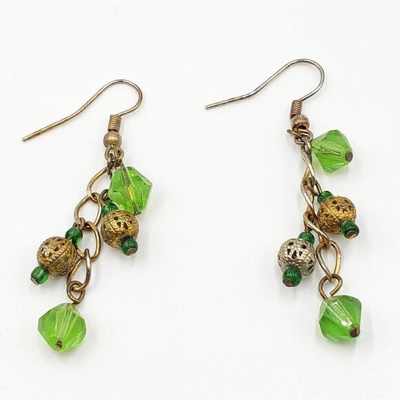 Vintage Jewelry - Vintage Green Earrings Glass Filigree Metal Beads Dangle